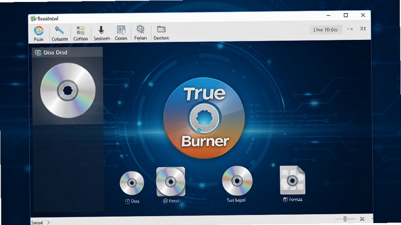 True Burner ����������Ԥ��ͼ��չʾ���������Ĺ���������̿�¼ѡ�����Ϊ�Ƽ���ʮ�������ɫ���䣬����ͻ������Logo����ʽ����ͼ�꣬�������ִ���רҵ