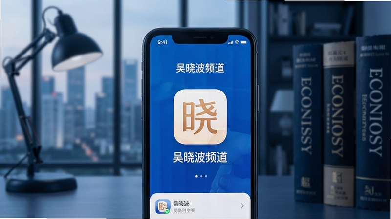 画面主体为吴晓波频道应用在手机屏幕上打开的界面特写,背景是虚化的现代城市书房与经济学书籍,整体色调沉稳商务蓝,突出财经知识付费平台的专业与深度,营造沉浸式学习氛围。