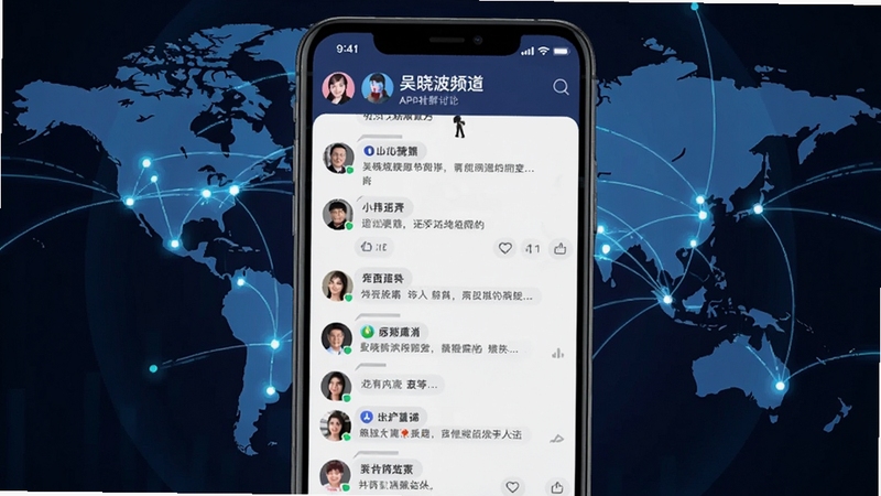 吴晓波频道APP社群讨论界面,画面展示世界各地用户头像与互动留言,背景是世界地图与数据连接线,体现知识社群的广泛连接与深度交流氛围。