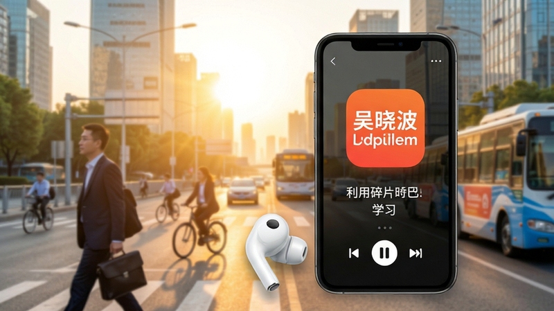 吴晓波频道APP音频播放界面,耳机与手机组合图,背景为清晨阳光下的城市通勤场景,画面充满活力与知性气息,突出每日音频栏目利用碎片时间学习的特点。