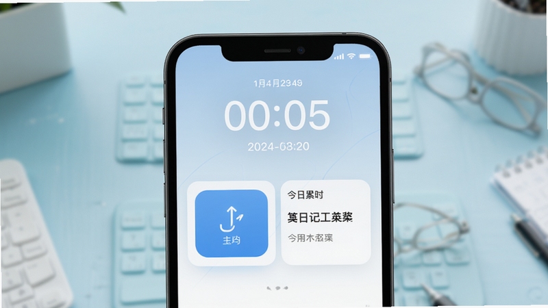 轻松记工时软件主界面预览图,一部手机屏幕显示清晰的打卡按钮与今日累计工时卡片,背景为简洁的浅蓝色工作台桌面,画面中心突出数字时钟与日期,整体风格现代简约,光线柔和,突显高效办公氛围