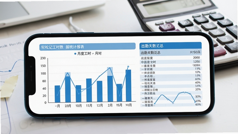 轻松记工时数据统计报表展示图,手机横屏显示月度工时柱状分析图与出勤天数汇总表,界面配色以蓝白为主,图表线条清晰,背景为办公桌与计算器,体现数据化管理的专业感