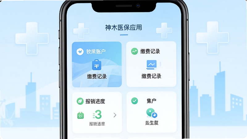 神木医保应用主界面预览图,手机屏幕内清晰展示医保账户、缴费记录、报销进度等核心功能模块,背景为简洁的浅蓝色医疗十字与城市剪影,整体风格明亮清晰。