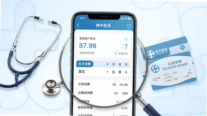 神木医保账户查询功能展示,图像中央是一部放大显示的神木医保手机界面,界面中清晰列出医保余额与近期消费明细,背景采用柔和的医疗蓝白渐变色调,配以听诊器与医保卡元素,体现专业健康管理概念。