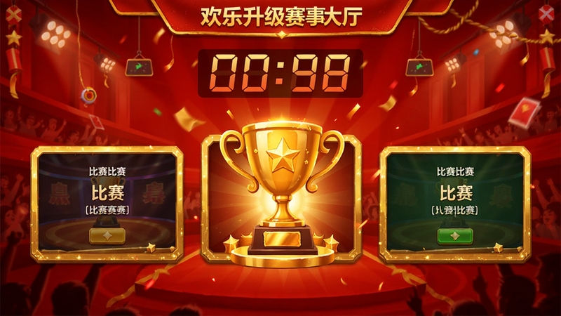 欢乐升级赛事大厅界面,展示多个比赛入口,金色边框设计,冠军奖杯图标醒目,背景红色喜庆,比赛倒计时数字悬浮,整体氛围紧张热烈