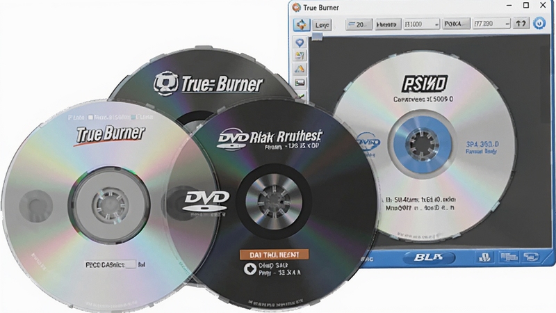 一张特写图片,画面中摆放着CD、DVD和蓝光光盘各一张,旁边是打开的True Burner软件界面,显示正在识别空光盘的容量信息,光线明亮,突出软件对多种光盘类型的兼容性