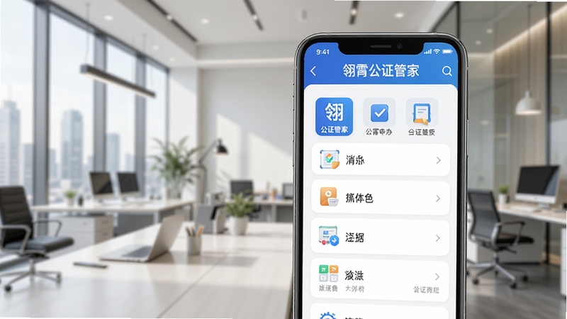 展示翎霄公证管家主界面在智能手机上运行的场景,界面显示公证申办流程列表,背景为现代化办公室环境,前景手机屏幕清晰显示软件名称“翎霄公证管家”及主要功能图标,采用写实产品截图风格,光线明亮,细节丰富