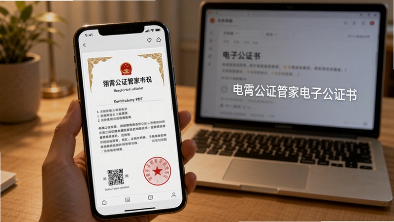 展示翎霄公证管家电子公证书预览画面,手机屏幕显示一份带有二维码和红章的公证书PDF文档,背景为书桌和笔记本电脑,整体色调偏暖,突出“电子公证书”字样,画面具有真实软件使用感