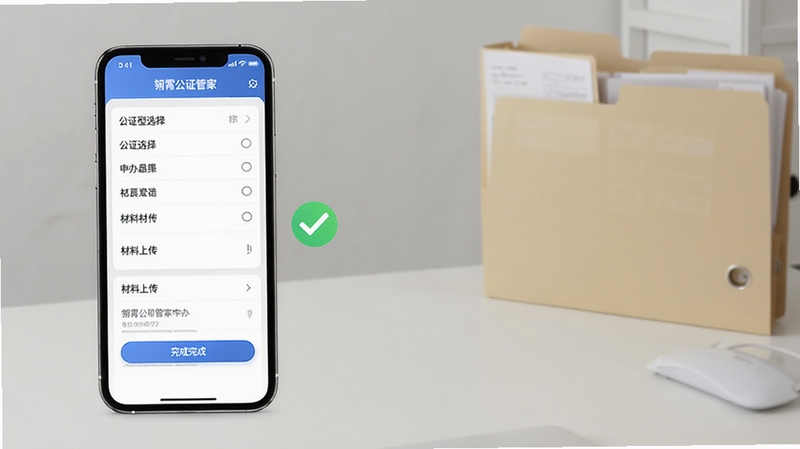 展示翎霄公证管家在线申办功能界面,手机屏幕上显示公证类型选择列表与材料上传页面,旁边有勾选完成的标记,背景为简约桌面与文件夹,画面整洁,突出软件功能名称“翎霄公证管家”,风格写实清晰