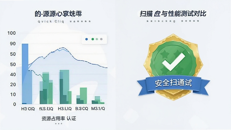 Quick Cliq软件官网的安全认证与性能测试对比图,左侧为资源占用率图表,右侧为安全扫描通过的徽章,画面整洁,数据可视化清晰,背景为浅色系,营造出专业可靠的软件形象。
