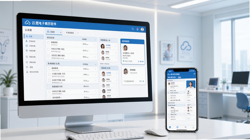 云图电子病历软件主界面预览图,展示整洁的病历列表与患者信息卡片,背景为现代简约的医疗办公环境,电脑屏幕与手机设备同时显示同步的病历数据,整体色调以蓝白为主,突出科技感与专业性