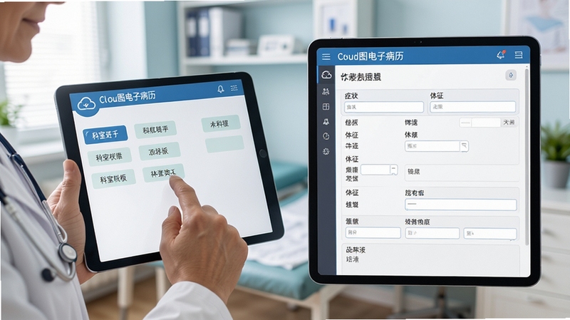云图电子病历的智能模板选择界面,医生正在平板上点选科室分类,右侧展示结构化病历表单,包含症状、体征等输入项,背景为诊室环境,界面清晰简洁,突出高效录入场景