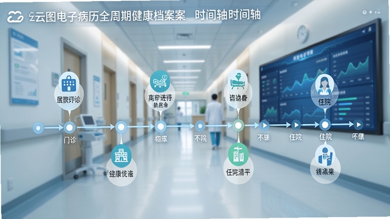 云图电子病历全周期健康档案时间轴界面,展示患者多年的就诊记录节点,包含门诊与住院图标,背景有医院走廊与电子大屏,整体风格明亮,突出数据完整性与连续性