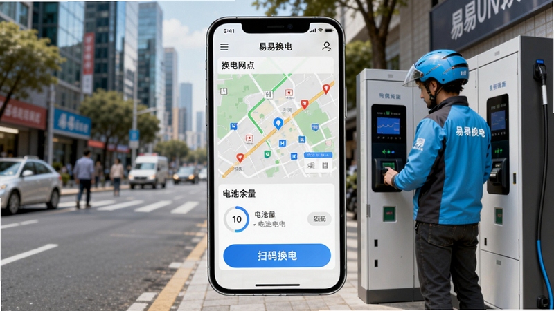 易易换电软件主界面展示,手机屏幕内显示换电网点地图、电池余量、扫码换电按钮,背景为城市街道,骑手正在使用换电柜,画面清晰,现代科技感,色彩明亮,竖版构图适合手机预览