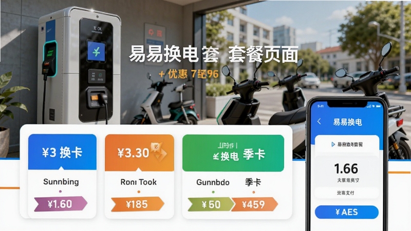 易易换电套餐购买页面设计,展示多种换电月卡、季卡选项,价格标签清晰,手机支付界面,背景为换电柜与电动车,色彩明快,突出优惠与便捷