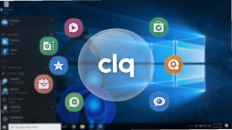 Quick Cliq 软件主界面预览图,一个悬浮在电脑桌面上的半透明圆形启动球,周围环绕着多个彩色应用图标快捷方式,背景为模糊的Windows桌面,画面明亮清晰,展示软件核心的快速启动功能,整体风格现代简约,符合效率工具定位