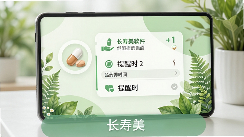长寿美软件的用药提醒功能界面预览图,屏幕上显示药丸图标和提醒时间列表,背景配以绿色植物元素,象征健康与安全,色彩搭配舒适,突出提醒功能的实用性与便捷性,软件名称“长寿美”在界面下角显示