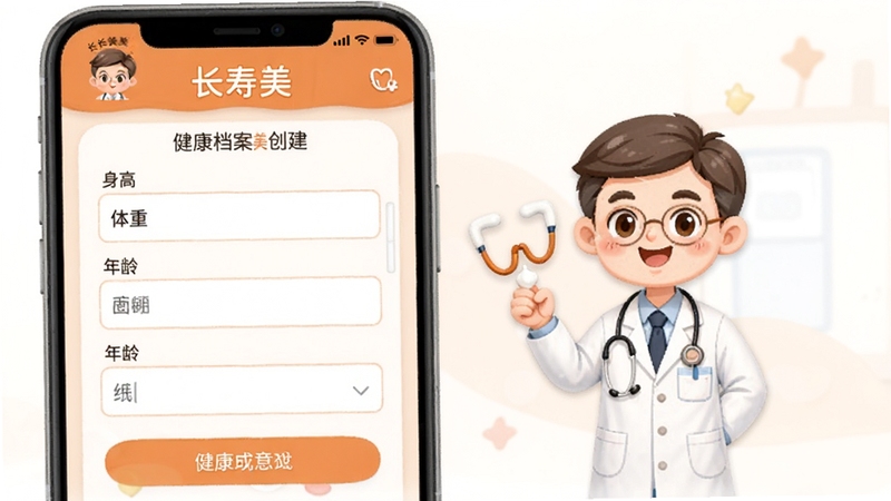 长寿美应用的健康档案创建页面截图,展示身高、体重、年龄等输入项,界面采用橙色主色调,配有卡通医生形象,设计友好易懂,强调个性化数据管理功能,软件名称“长寿美”出现在页面标题栏,适合功能预览图