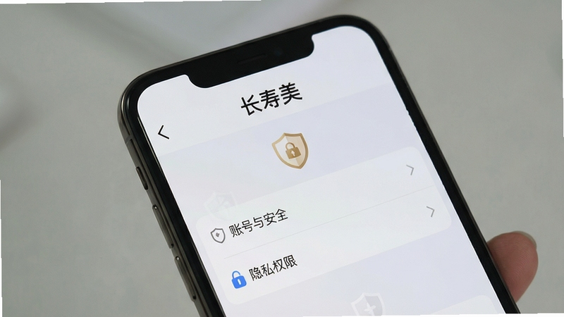 一张智能手机屏幕显示长寿美APP的“设置”页面,页面中有“账号与安全”、“隐私权限”等选项,背景使用浅灰色,配有小盾牌图标,强调安全性与用户信任,整体风格专业严谨,软件名称“长寿美”在页面顶部清晰可见