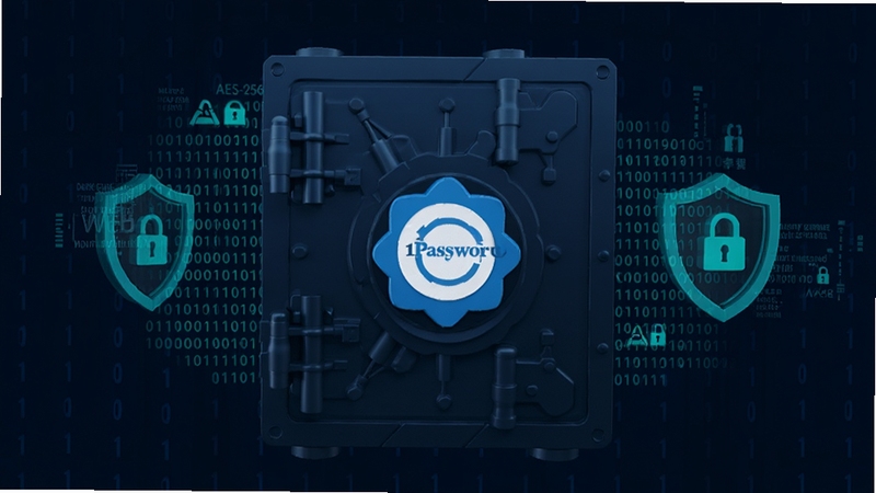 An elegant 3D rendering of a digital vault door with the 1Password logo, surrounded by glowing binary code and a shield icon, illustrating military-grade AES-256 encryption and dark web monitoring, with a dark navy and cyan color palette, high-tech and secure atmosphere