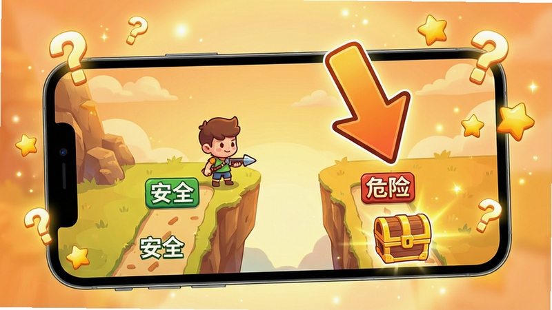 生成一张全都是套路游戏的功能展示图,画面中一个手机屏幕特写,屏幕上展示游戏关卡画面:一个卡通角色站在悬崖边,面前有左右两条路,左侧标着“安全”,右侧标着“危险”,但空中漂浮着一个巨大的箭头指向“危险”路下方隐藏的宝箱。手机周围散落着几个发光的小问号和星星特效,背景是柔和的光晕,色彩以橙色和黄色为主,突出温暖幽默感,画质高清,构图简洁。