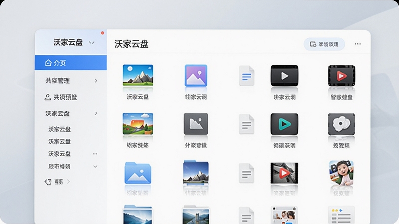 沃家云盘主界面预览图,展示干净整洁的文件管理页面,左侧分类导航栏清晰,右侧文件列表包含图片、文档、视频等多种格式图标,整体色调以蓝色和白色为主,背景为浅灰色渐变,突出软件的品牌感与专业感,界面设计现代简约,适合作为软件介绍首图