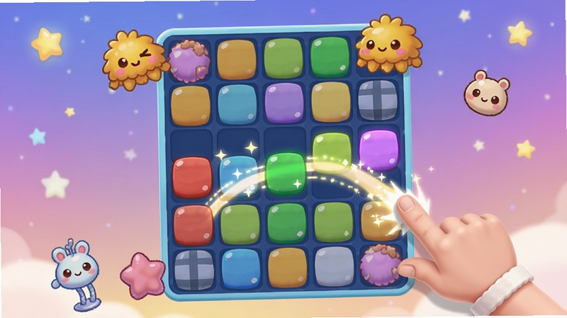快乐畅通关游戏玩法示意图,画面中央呈现一个色彩斑斓的消除棋盘,玩家手指正划过一串同色方块形成发光轨迹,棋盘周边点缀着可爱的卡通障碍物,背景为柔和的渐变星空,画面动感清晰,突出连线消除的核心玩法
