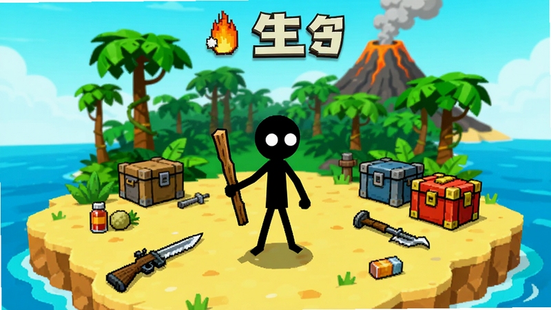 火柴人求生游戏主界面预览图,画面中央一个手持木棍的黑色火柴人站在荒野孤岛中心,四周分布着散落的武器与补给箱,背景是茂密丛林与远处冒烟的火山,整体风格简洁明快,色彩对比鲜明,突出火柴人形象与生存竞技氛围