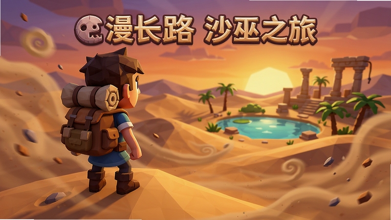 一幅充满异域风情的游戏宣传图,画面中央是游戏《漫漫长路 沙巫之旅》的卡通角色,他背着行囊站在沙丘之上,眺望远方的绿洲与古老遗迹,背景是橙紫色的夕阳与漫天的风沙,整体氛围既孤寂又充满希望,低多边形风格,色彩温暖而细节丰富。