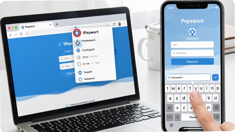 1Password�Զ���书��Ӧ�ó���ͼ�����������һ̨�ʼǱ����ԣ����������ʾһ����¼ҳ�棬���������������һ��1Password�ĺ�ɫͼ�굯�������б��������Ҳ���һ̨�����ֻ�����Ļ����ʾĳ��APP�ĵ�¼���棬��ָ����������Ϸ������������ʾ��������ɫ��������ͻ�����豸Эͬ����������