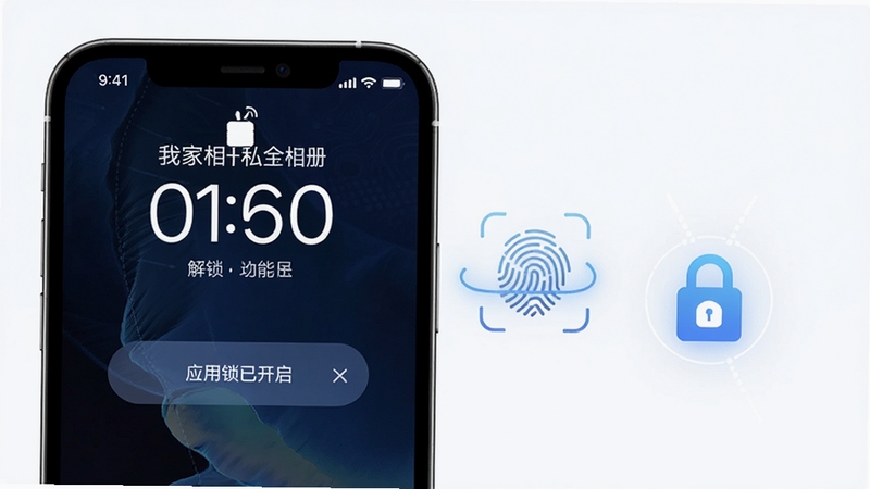 我家相册隐私安全功能图示,画面展示手机锁屏界面解锁后进入私密相册的流程,背景有指纹和密码图标,界面显示“应用锁已开启”提示,色调偏暗蓝,科技感,软件名称“我家相册”出现在顶部状态栏,高清概念图