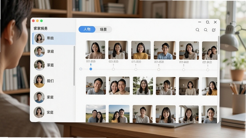 我家相册智能分类功能演示图,画面展示一个人物相册界面,左侧为家庭成员头像列表,右侧为该成员的所有照片缩略图,照片按时间轴排列,界面清晰标注“人物”和“场景”分类标签,背景为家庭书房场景,自然光,软件界面细节丰富,高清截图风格