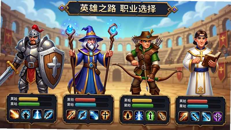 英雄之路职业选择界面,展示四个不同职业的角色立绘,战士穿重甲持剑盾,法师穿长袍持法杖,游侠穿皮甲持弓箭,牧师穿白袍持圣书,背景为古老的竞技场,每个角色下方有属性条和技能图标,界面设计精美,卡通风格