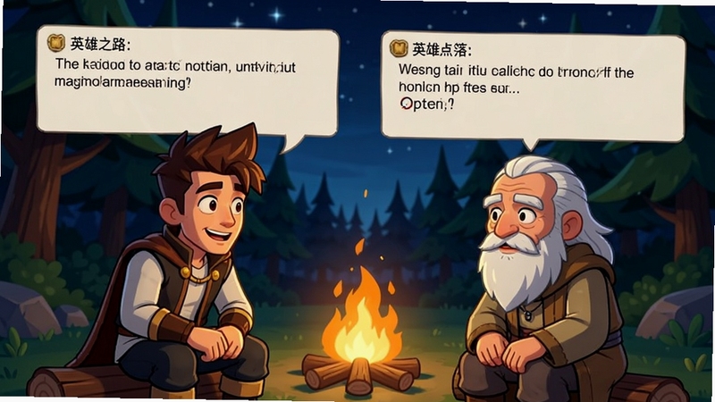 英雄之路剧情对话场景,主角与一位白发老者在篝火旁交谈,背景是夜晚的森林和星空,对话框显示选项按钮,画面温馨,卡通渲染,角色表情生动