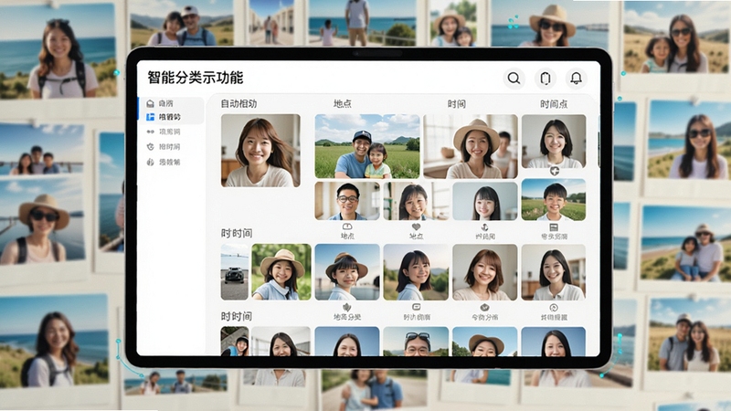 我家相册智能分类功能示意图,屏幕显示自动按人物、地点、时间分组的多格相册界面,背景为家庭旅行照片墙,人物头像缩略图清晰可见,画面明快,科技感与温馨感并存