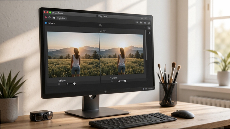 A clean and modern desktop software interface for Image Tuner, showing a batch photo resizing workflow with before and after preview panels, professional photography workspace, soft natural lighting, high detail, 8k resolution