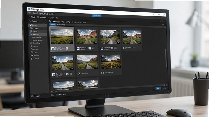 Image Tuner software interface demonstrating batch format conversion from RAW to JPG, with a visual file queue showing multiple photos being processed simultaneously, professional digital asset management context, sharp UI details, photorealistic rendering