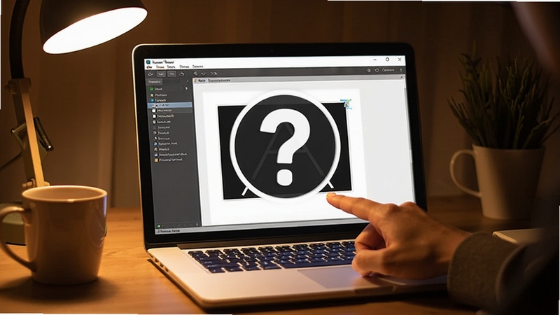 An image of a laptop displaying the Image Tuner software interface with a question mark overlay symbolizing user help and FAQ, user hand pointing at the screen, cozy working environment, detailed and warm lighting