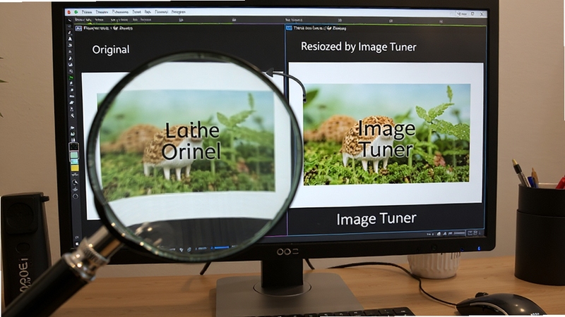 A magnifying glass over two side-by-side photos on a computer screen, one original and one resized by Image Tuner, highlighting the preserved sharpness and detail, professional photo editing environment, extremely detailed