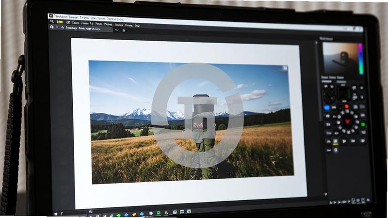 Image Tuner software applying a semi-transparent logo watermark to a batch of photographs, close-up view of a digital camera photo on screen with watermark overlay, professional photography editing environment, high dynamic range
