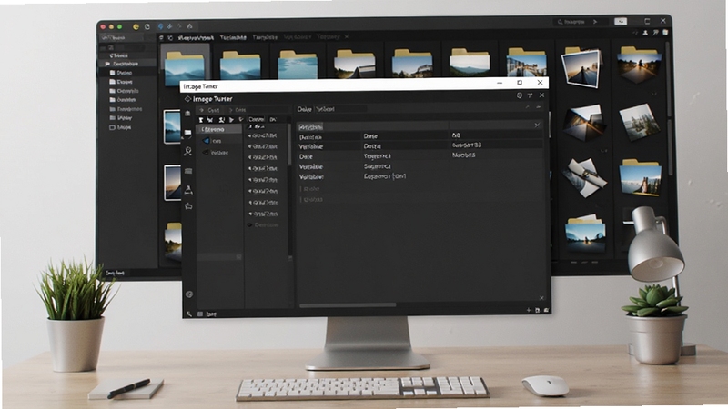 A digital asset management concept with Image Tuner software window open, showing a renaming template editor with variables like date and sequence number, organized photo library folders in the background, clean and tidy workspace, 4k detail