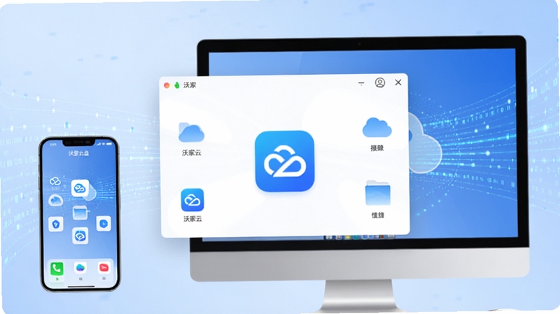 沃家云盘主界面预览图,展示手机与电脑多设备同步云端文件的核心场景,画面中央为沃家云盘应用窗口,背景为柔和蓝色的数据流动线条,整体风格现代简约,突出安全与便捷感。