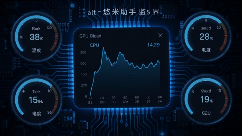 设计一款手机硬件信息监控仪表盘界面,画面中央显示CPU与GPU的实时负载曲线,四周分布温度、电量等圆形仪表,整体灯光为冷色调蓝光,背景融入电路板元素,体现专业监控感。alt=悠米助手监控界面