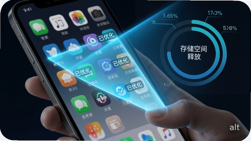 生成一张智能手机应用列表界面被一束科技蓝光扫描的插图,光效划过屏幕上的应用图标,其中部分图标旁出现“已优化”的小标签,背景有清晰的存储空间释放的动态数据可视化圆环。整体风格写实且富有科技动感。alt=悠米助手功能图