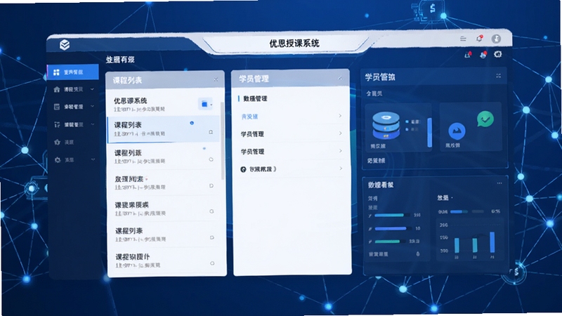 优思授课系统主界面预览图,展示其集课程列表、学员管理、数据看板于一体的综合工作台,画面以蓝色科技感为主色调,背景区域配有抽象的教育网络连接图形,整体风格简洁明亮