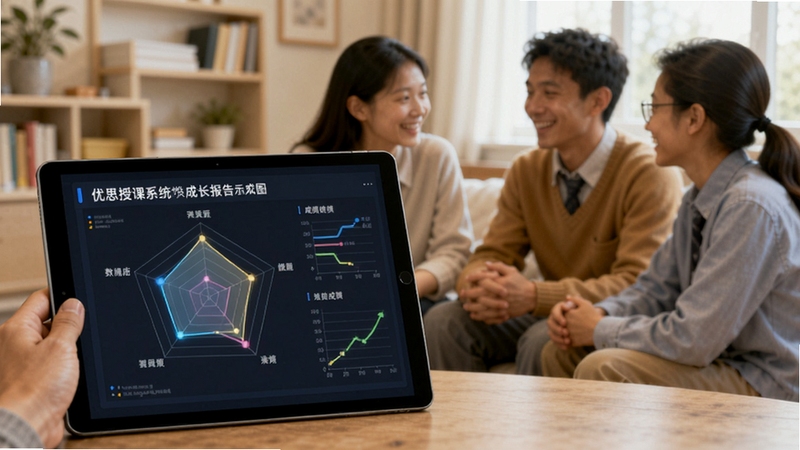 优思授课系统学员成长报告生成示意图,画面为平板电脑展示的雷达图与成绩曲线,背景是温馨的师生交流场景,突出数据可视化与教学关怀