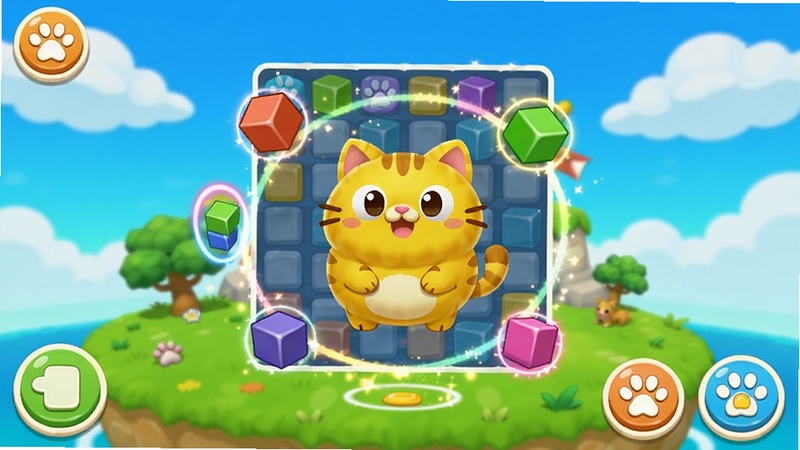 宠物大乱斗游戏主界面预览图,画面中央是一只黄色圆滚滚的卡通猫宠物,周围悬浮着彩色消除方块与光环特效,背景是明亮温馨的宠物小岛,蓝天白云绿草地,UI按钮圆润可爱,整体风格明亮活泼,高饱和度色彩,竖屏手游截图风格,画面清晰无文字水印