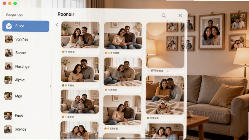 我家相册主界面预览图,画面中央展示整洁的相册瀑布流与左侧智能分类导航栏,背景为温馨的家庭客厅环境,暖色调灯光,墙上装饰有家庭照片,整体风格简洁友好,突出家庭照片管理软件的核心场景,适配Boogu模型生成。