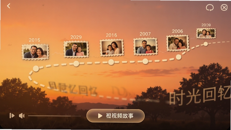 我家相册时光轴功能界面,画面中央为一条蜿蜒的时间轴线,线上分布不同年份的家庭照片缩略图,背景是渐变的暖色天空与树木剪影,寓意回忆流淌,界面底部有播放短视频故事按钮,整体氛围温馨怀旧。