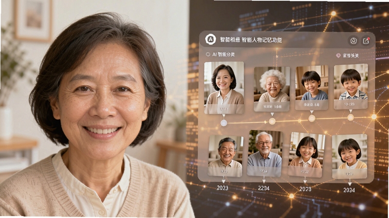 我家相册智能人物识别功能演示图,画面左侧是一位家庭成员的肖像特写,右侧界面展示该成员在不同年份的关联照片时间线,背景为科技感的数据连接线条,色彩明亮温暖,体现AI智能分类与家庭记忆汇聚的特点。